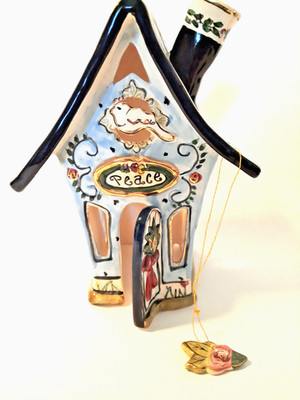 Blue Sky Clayworks-PEACE-Tea light house-2003-Heather Goldminc-Hand Painted