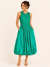 Madewell Women’s Green Smocked Bubble Hem Maxi Dress Pockets Size Large NWT