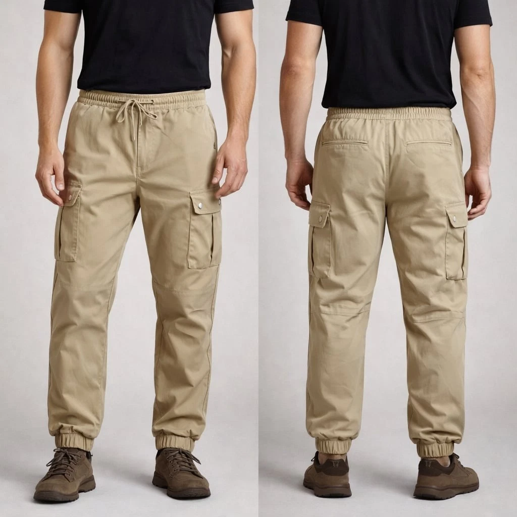 Smoke & Ash Men's Tan Khaki Cargo Jogger Pants with Drawstring