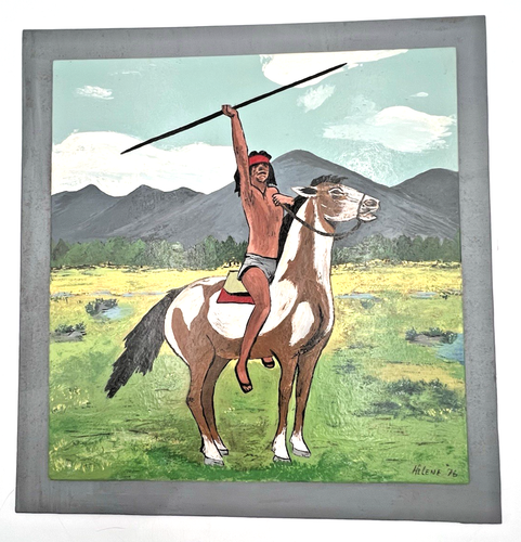 Dipinto olio/acrilico vintage guerriero nativo americano firmato montato 13" x 14" 1976 - Foto 4 di 10