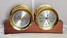 SETH THOMAS CORSAIR BRASS SHIP'S CLOCK & BAROMETER ON WOODEN STAND-WORKING