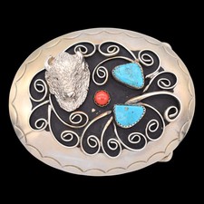 German Silver Buffalo Turquoise Stones Western Vintage Belt Buckle