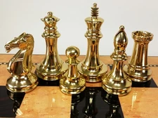 Real Brass Metal Black & Gold Staunton 4" King Exclusive Chess Men Set -NO Board