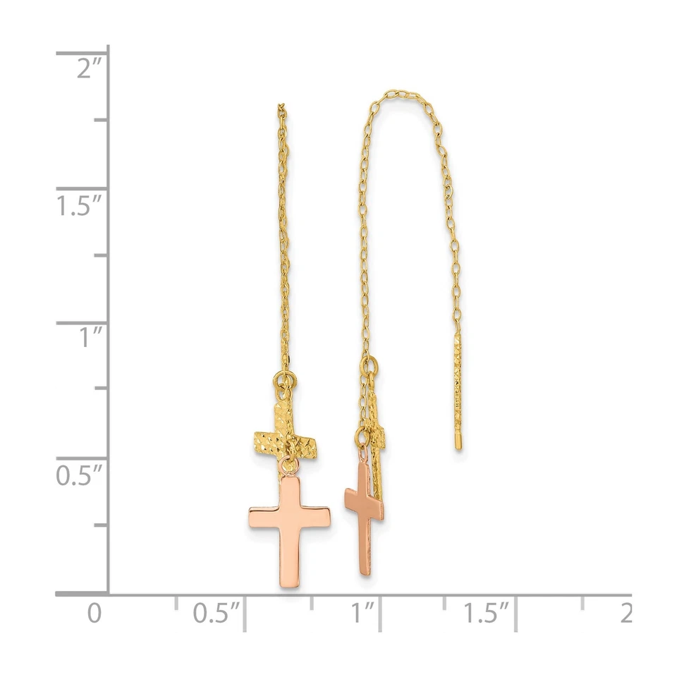 14k Two-Tone Gold Threader Earrings Rose Yellow Dual Cross Dangle Religious Fait - Image 4 of 4