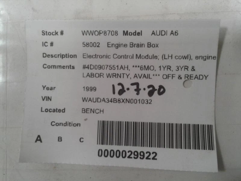 Módulo de Control Electrónico Motor ECM Modelo VIN D 2.8L Se Adapta 97-02 AUDI A4 625506 Foto 3 de 3