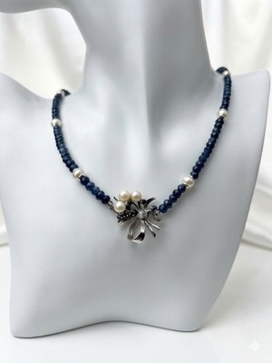 Vintage Iolite Necklace with Akoya Pearls 925 Silver Bow Design