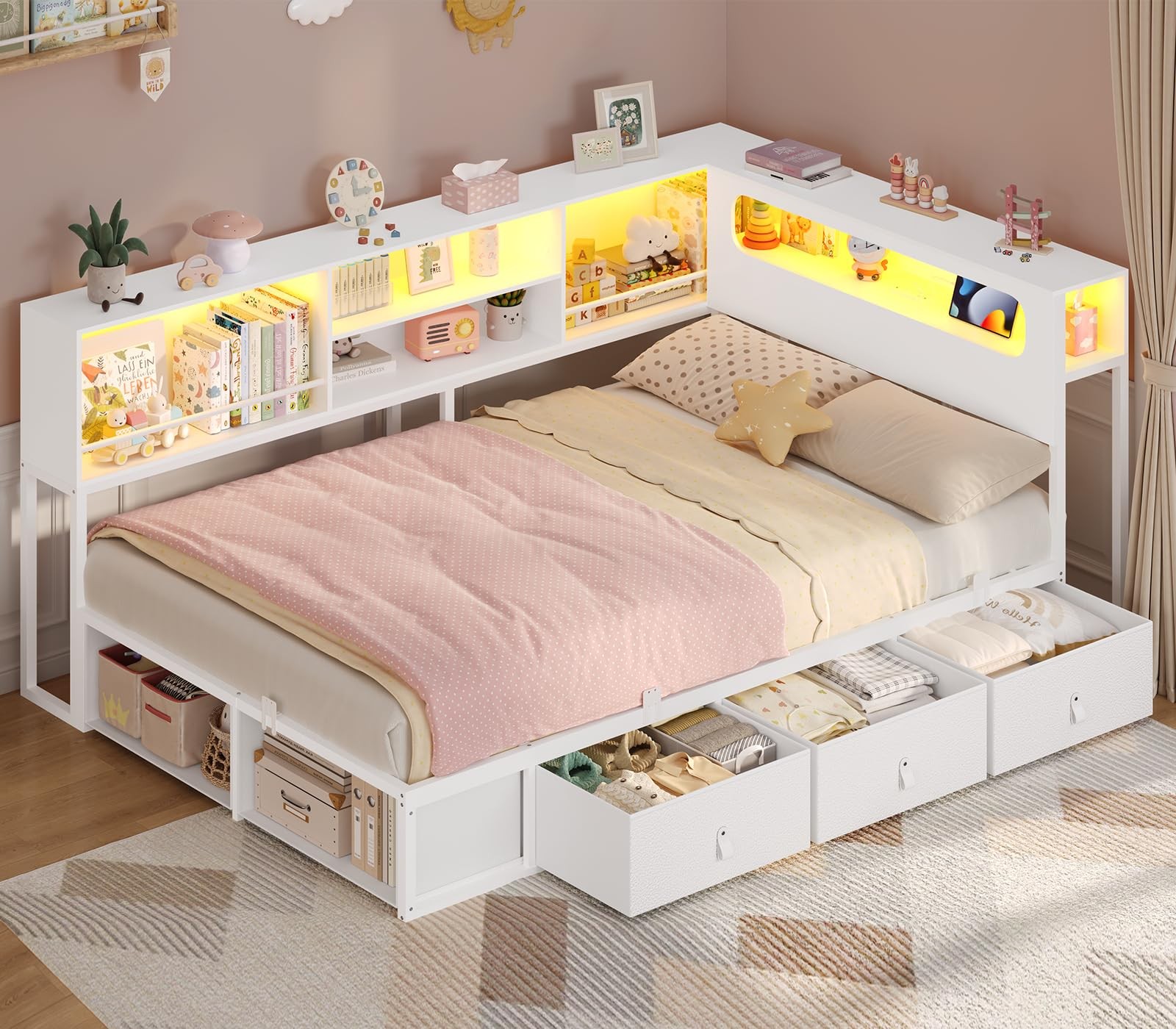 W/ Bookcase Storage&led,metal Daybed W/ 3drawers 2cubbies,wh