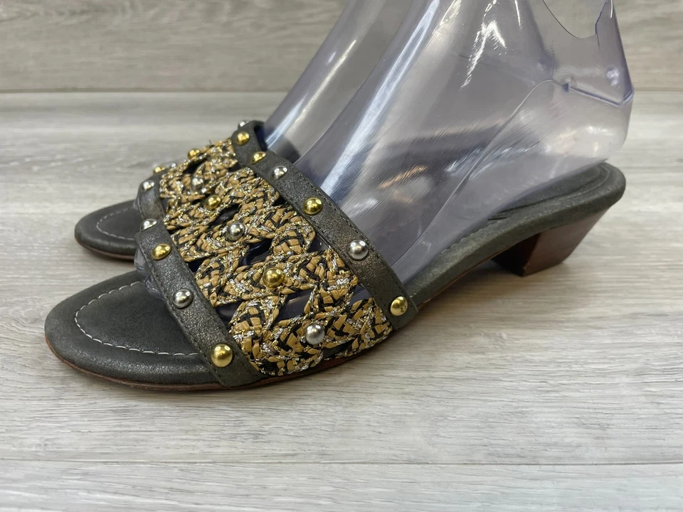 Eric Javits Women's 8 Black Slide Leather Sandal Slip-On Studded Cuban Heel - Image 3 of 4