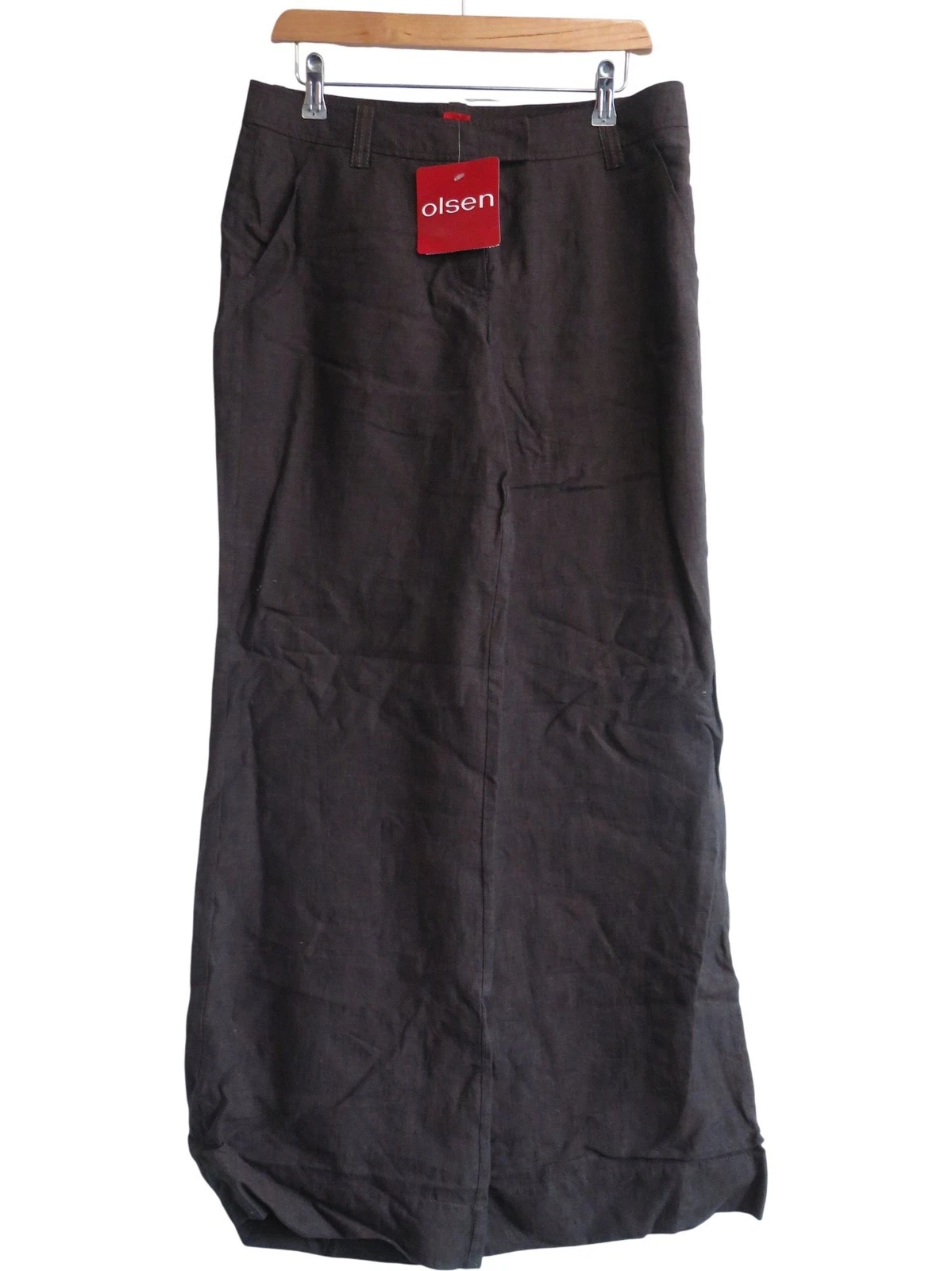 Olsen - Zanzibar 902 Linen Trousers - Dark Brown - Wide Leg Casual Fit - Size 12