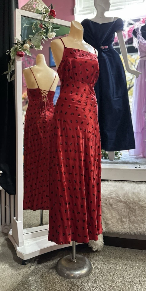 复古 90 年代花卉印花长裙红色黑色绑带垃圾缎奇思妙想 S — 第 4/4 张图片