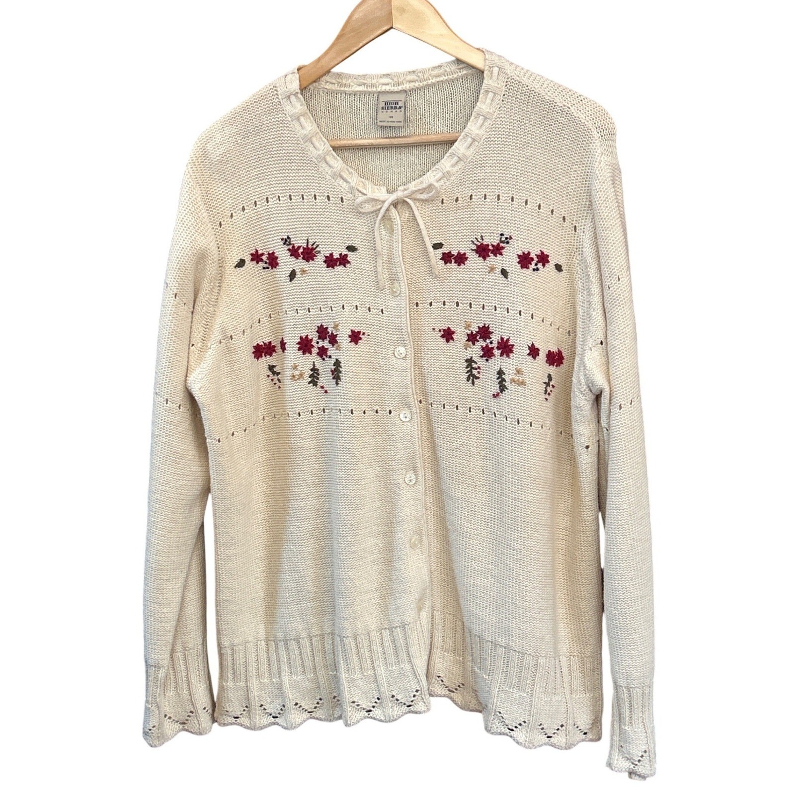 Vintage Hong Kong Floral Knit Cardigan Cottagecore Cream Embroidered 2X Boho
