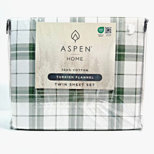 Aspen Home Turkish Flannel Twin Sheet Set 100 Cotton Green White Plaid 3pc New