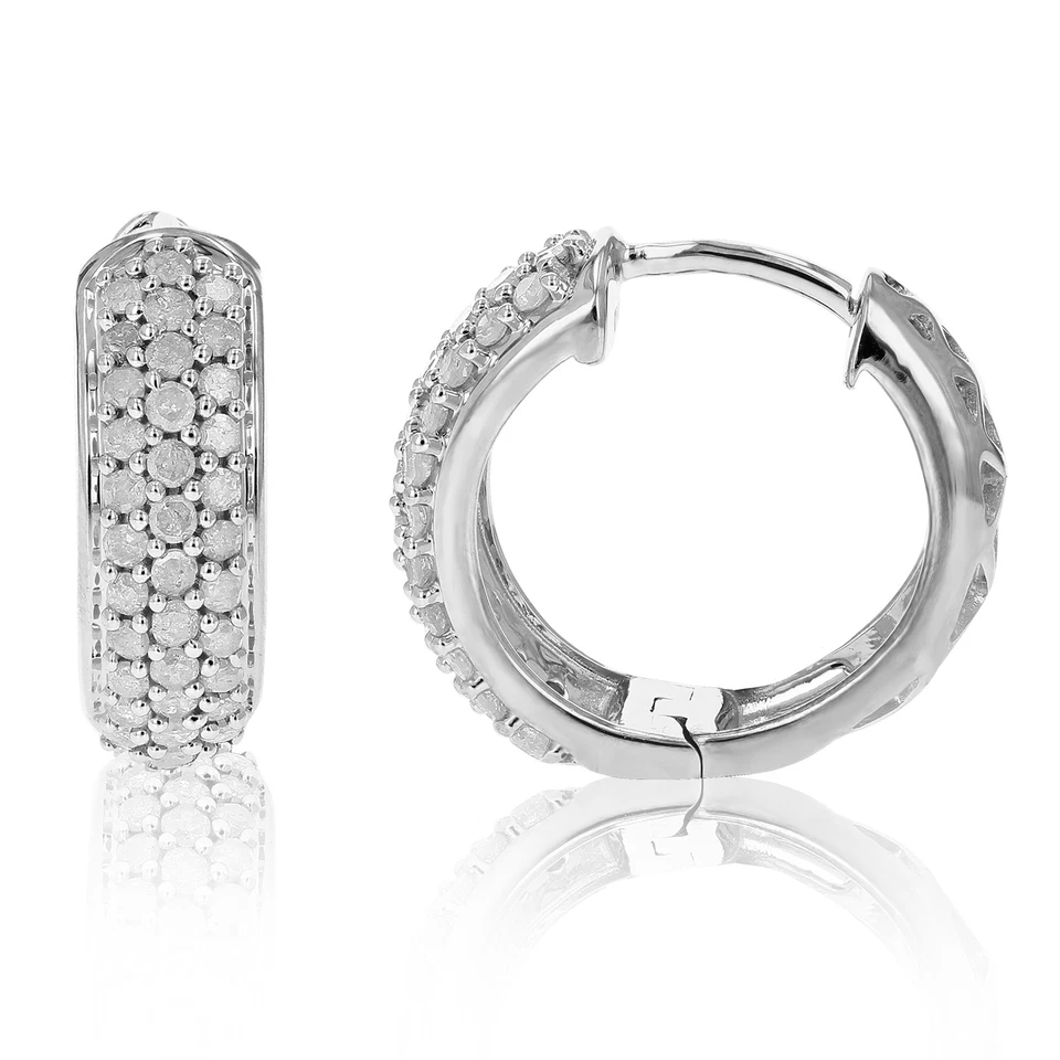 1 ct Diamond Hoop Earrings for Women in .925 Sterling Silver Three Row 3/4 Inch - Image 4 of 4