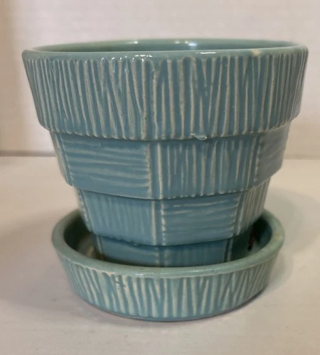 Vintage McCoy Pottery 4” Aqua Basketweave Planter w/Attached Saucer READ