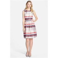 HUGO BOSS Gray Red Blue Stripe Diljana Sleeveless Pleated Fit & Flare Dress 8 US