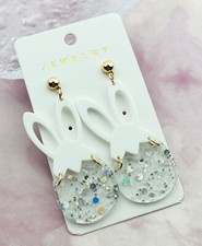 2.5" x 1.25" Acrylic Earrings - White Bunny w/Confetti - ER2041 FREE SHIPPING