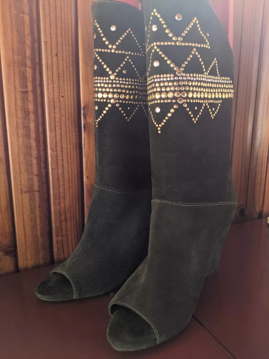 SPORTSGIRL SUEDE OPEN TOE BEADED BOOTS SIZE 10 WEDGE 10CM RRP
