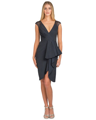 badgley mischka navy cocktail dress $495 NWT Badgley Mischka SC1678 Navy Black V-Neck Side-Ruffle Cocktail  Dress 6