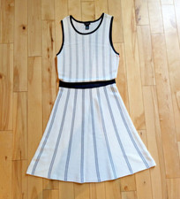 Ann Taylor Dress M White Black Striped Fit Flare Rib Knit Cinched Tennis Prep