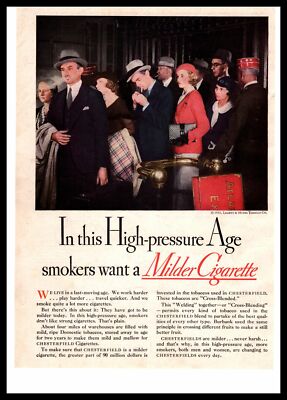 1932 Chesterfield ''Cross-Blended Milder'' Cigarette Busy City Life Color Print Ad
