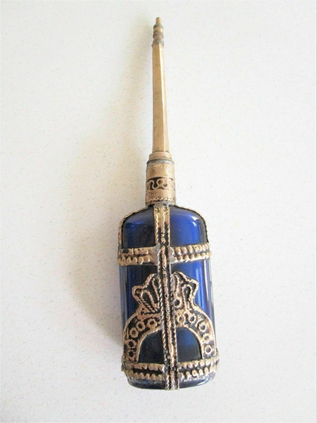 Vintage Glass Perfume Bottle Middle Eastern Bohemian Style Metal Top Rare Arabic