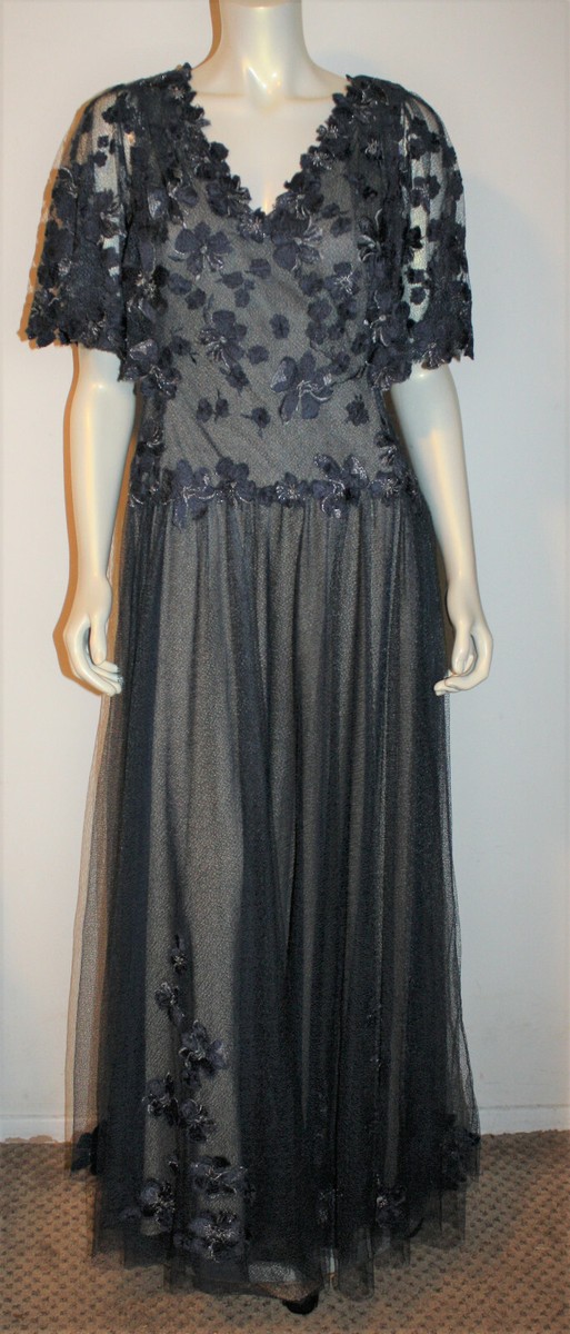 Tadashi Shoji Navy Blue Long Dress Gown 4 Net Lace Floral Mob  
