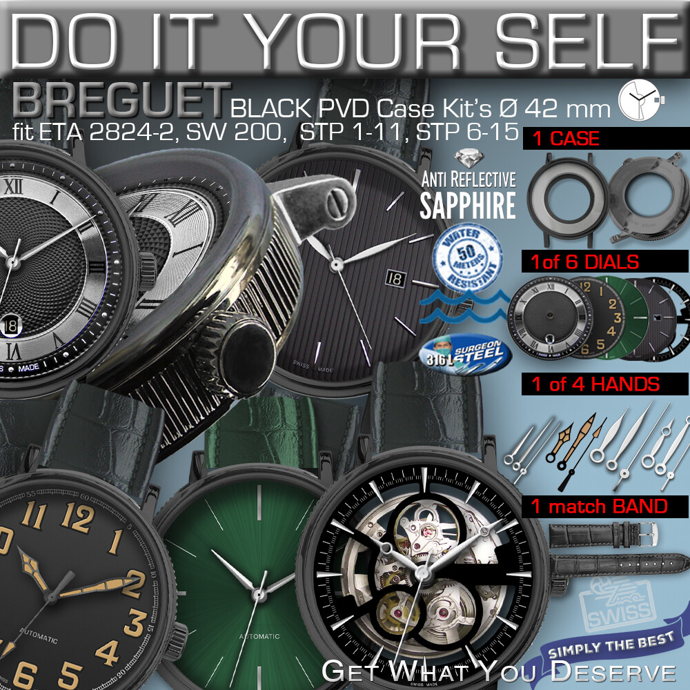 DO IT YOUR SELF KITS - BREGUET CASE BLACK, fit ETA-2824 + SW, STP