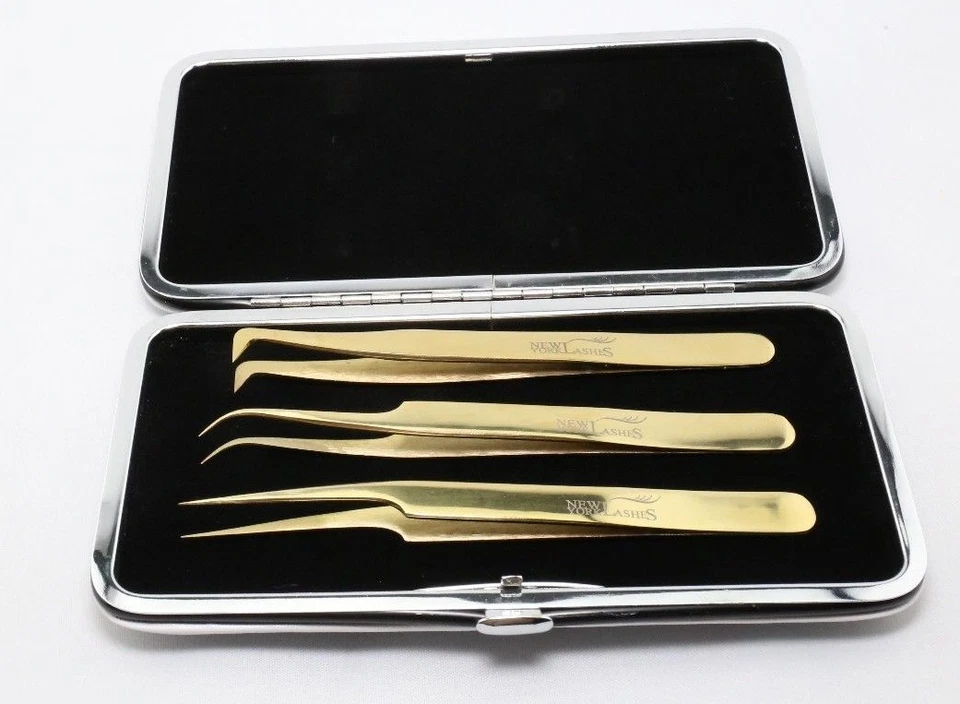 Extensiones de Pestañas Doradas Volumen 3D Pinzas Kit 3 Pinzas + Estuche Clutch Imán Foto 3 de 4