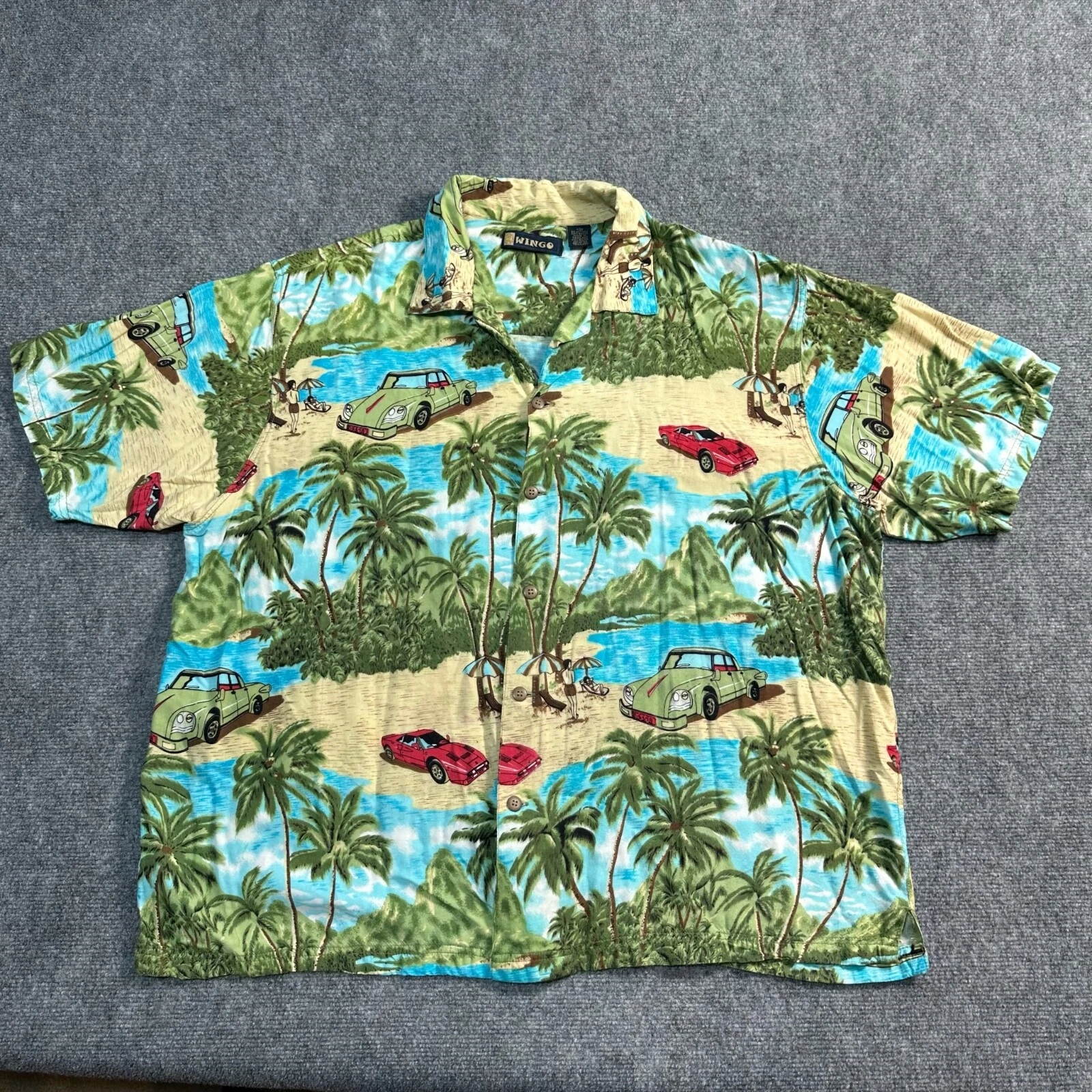 Wingo Shirt Mens 3XL Green Palm Trees Button Down Hawaii Rayon Comfort Casual