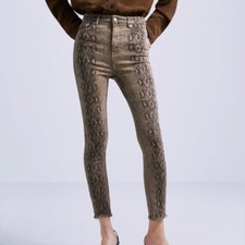 Zara NWT Fade Out Snakeskin High Waist Skinny Ankle Jeans With Raw Hem Size 2