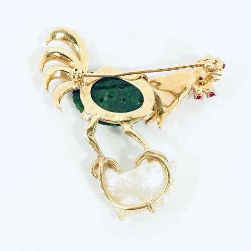 14K Rooster Pin Yellow Gold Jewelry Jade Baroque Pearl Ruby Chicken Brooch Vtg - Bild 2 von 5