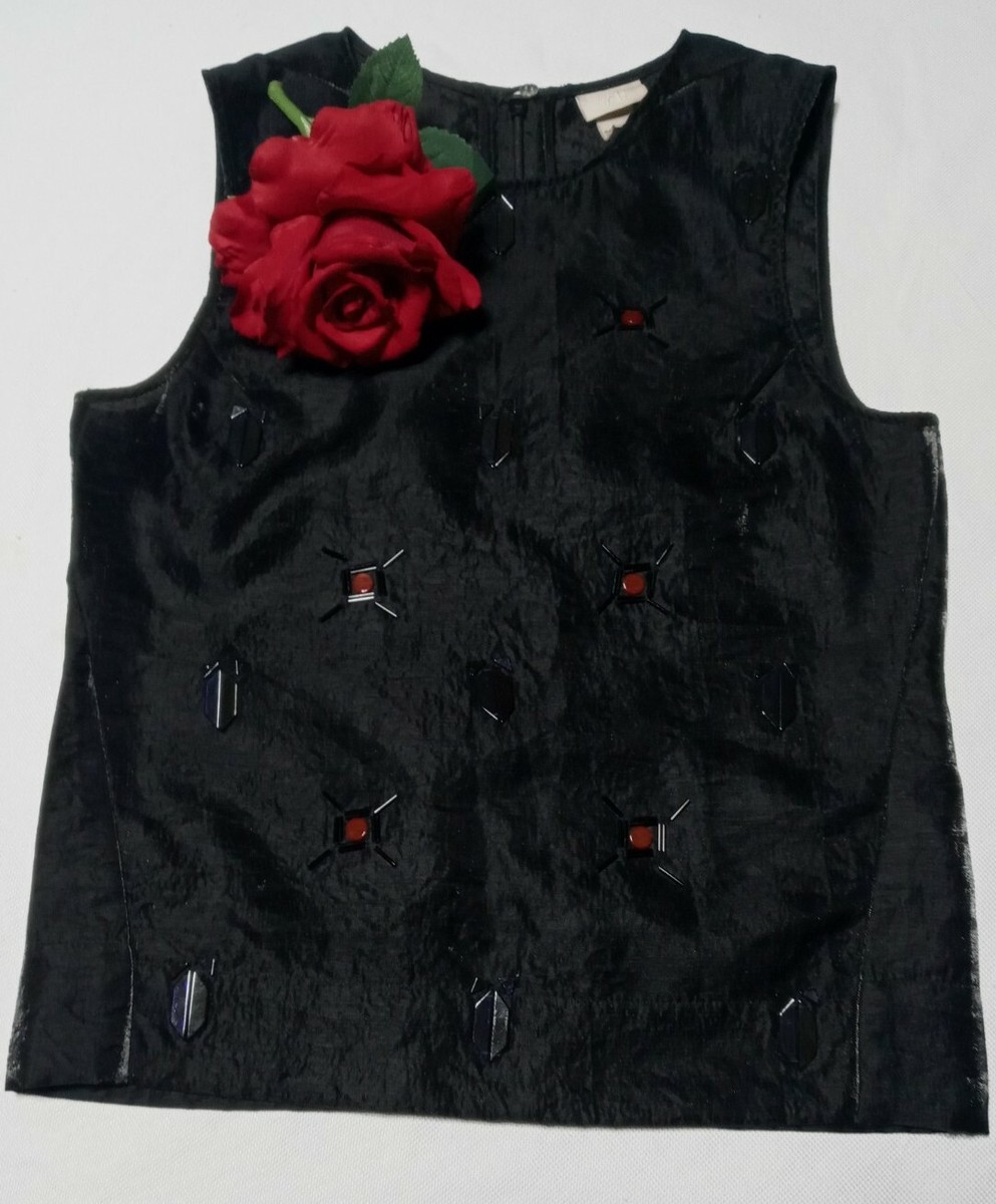H&M Black Taffeta Metallic Beaded Embellished Sequin Top Flowers