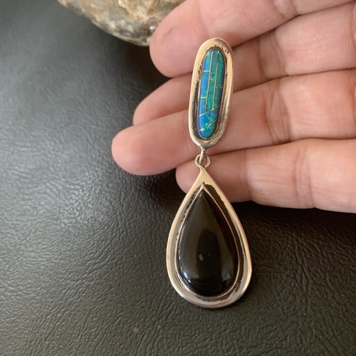 Mens Womens Black Onyx & Blue Opal Navajo Sterling Silver Inlay Pendant 2" 12885 - Picture 9 of 12