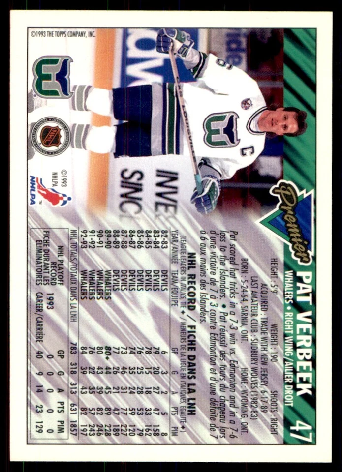 1993-94 Topps Premier Gold Pat Verbeek Hartford Whalers #47 - Image 2 of 2