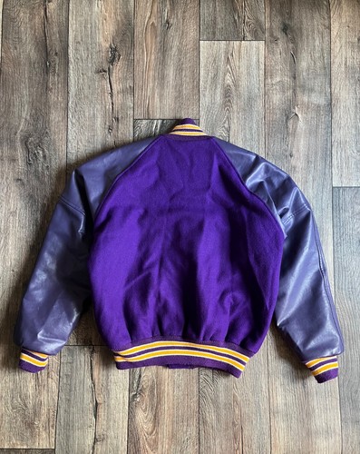 Chaqueta Bomber Letterman Vintage Neff Hecha en EE. UU. Cuero Universitario y Lana Púrpura L - Imagen 9 de 14