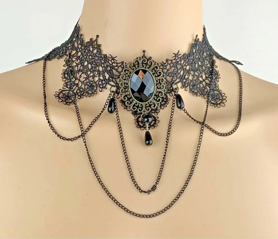 Disfraz Gótico Collares Gargantillas Steam Punk Lote de 3 Encaje Imitación Cabujones Perlas Foto 2 de 4