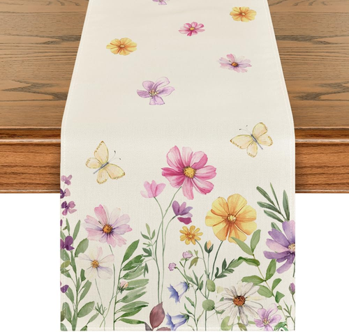 Flowers Butterfly Summer Table Runner, Seasonal Spring Kitchen Dining Table Deco