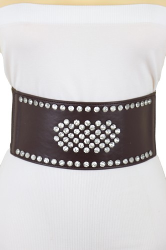 Women Dark Brown Elastic Wide Dress Up Trendy Belt Hip Waist Silver Shield M L - Picture 3 of 23