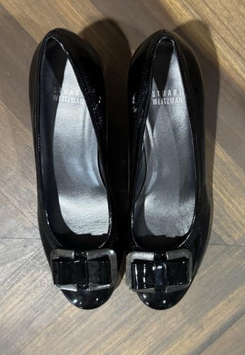 Stuart Weitzman Heels 7M Black Patent Leather Wedge Silver Bow Office Career - Picture 3 of 10