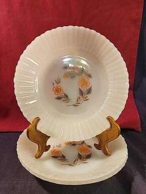 Vintage Termocrisa Milk Glass Bowls W/Orange & Gray Floral Pattern Set of 3