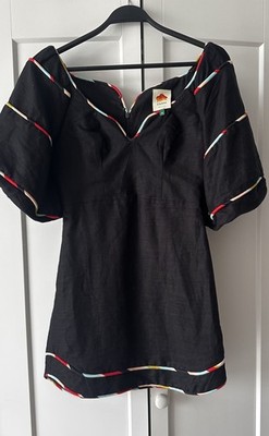 FARM RIO Black Linen Mini Dress Sweetheart Neck Puff Short Sleeve Zip Back S