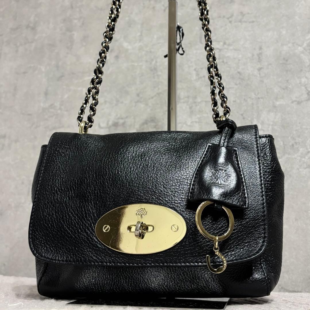 Mulberry Lily Shoulder Bag Black Leather Gold Chain Turn Lock Crossbody Women’s