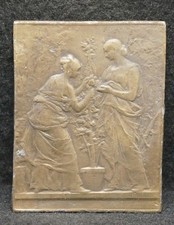 XB03117 NICE VINTAGE 1970s TWO WOMEN PLANT ARTWORK MENS BRASS BELT BUCKLE