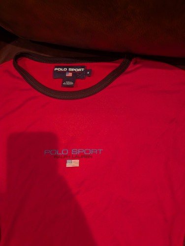 Polo Sport, Vintage 90s Polo Sport Ralph Lauren Spell Out USA Flag Logo T Shirt Red Medium