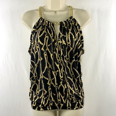 Cache Womens Y2K Scarf Print Gold Chain Halter Top Sz S Club Glam Loud Luxury
