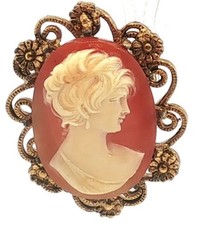 Vintage Gold Tone Cameo Brooch Pin Orange Cabochon Filigree Oval