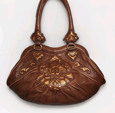 LIMITED ED. ISABELLA FIORE EMBOSSED STAINED SERENA CARMEL & COPPER HANDBAG $625