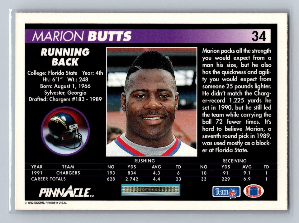 1992 Pinnacle - Marion Butts #34 - Image 2 of 2