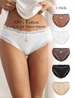 Ocili 5 Pieces/Pack Stylish Autumn Casual Basic Solid Color Soft Cotton Lace Tri