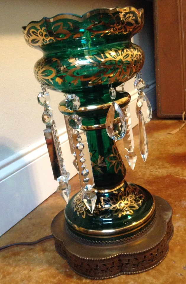 Antique Chech Bohemian Hand Painted Emerald Green Glass Art Luster Table Lamp - Image 3 of 4